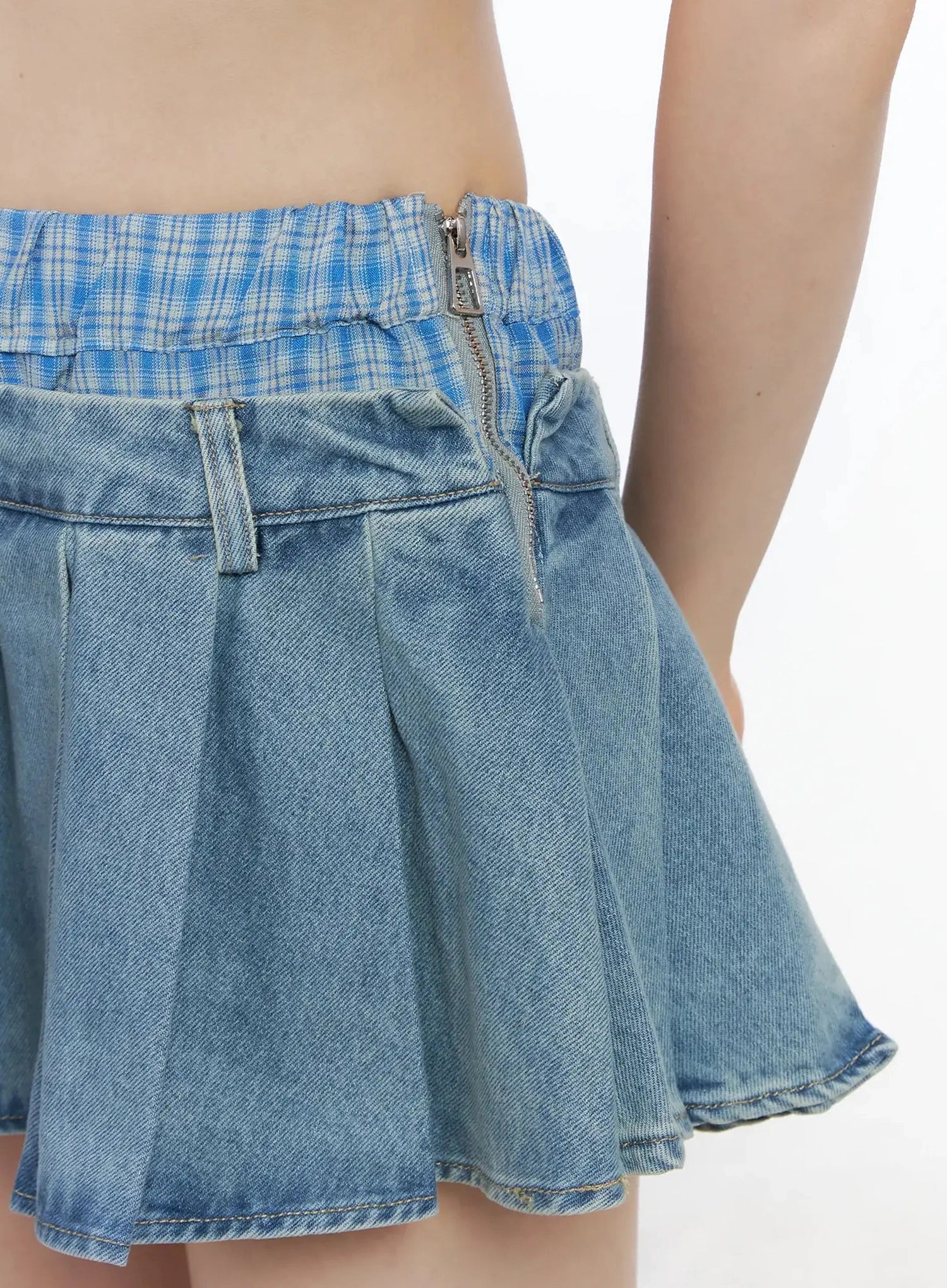Plaid Boxer Layered Denim Skirt IL531